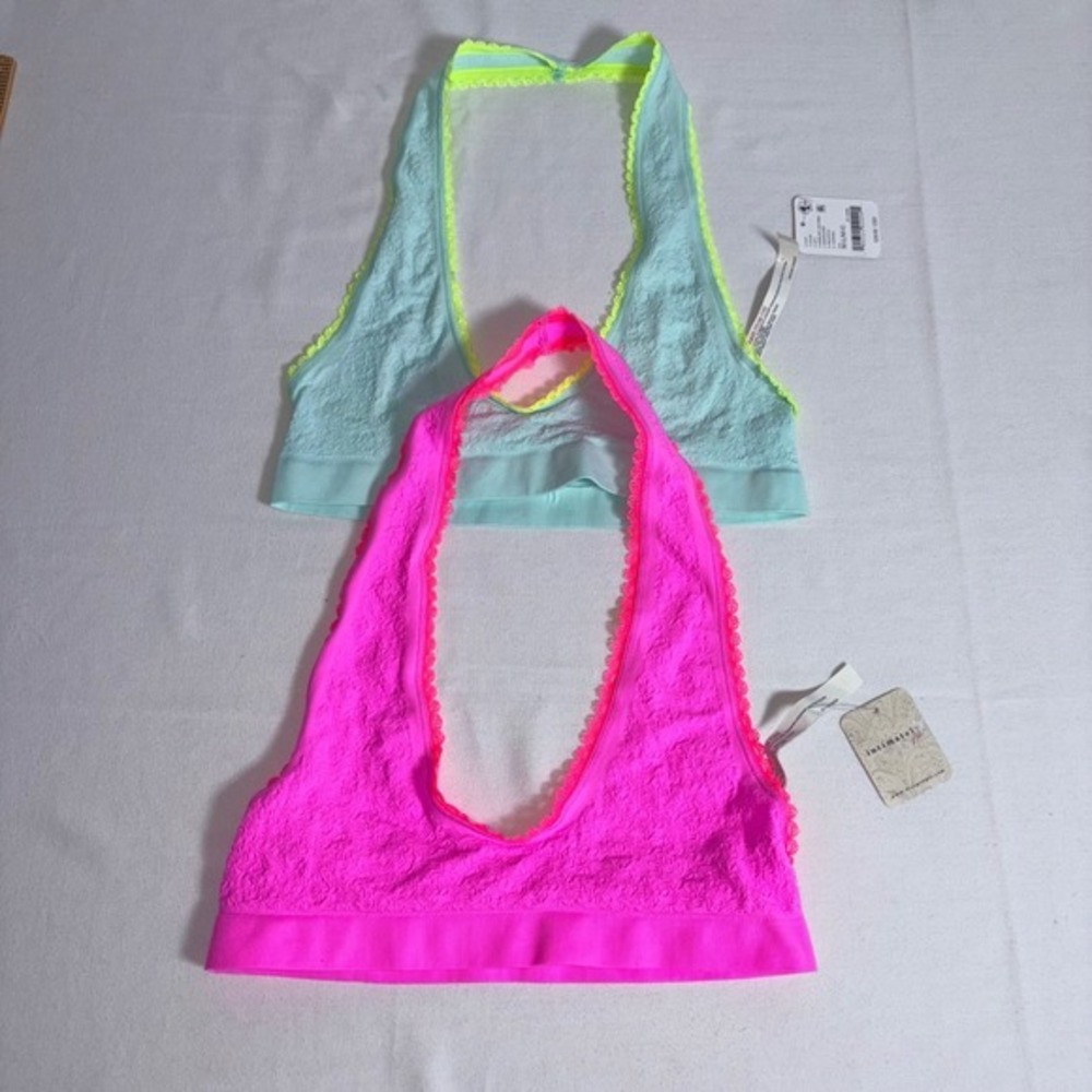 Free People sweet point Halter Bralette Medium L Pink Mint NEW 2pk Lace Plunge